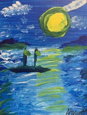 Original ACEO ATC Painting Blue Boat Big Moon Sky Water Pond Miniature Small Art