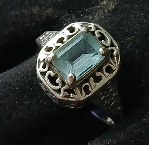 Vtg Sterling Aquamarine Filigree Ring Size 9.5 Emerald Cut 925 Silver Step Facet