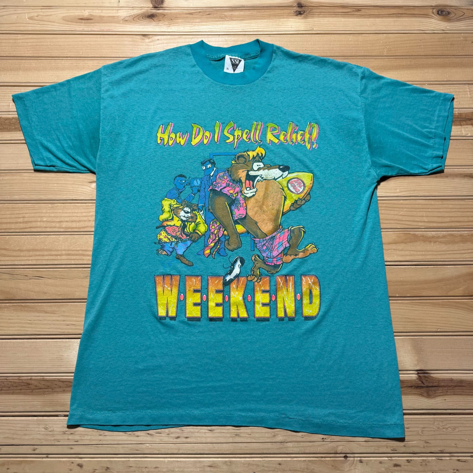 Vintage 90s How I Spell Relief Beach Surfing Bear Cartoon Funny T-Shirt - XL