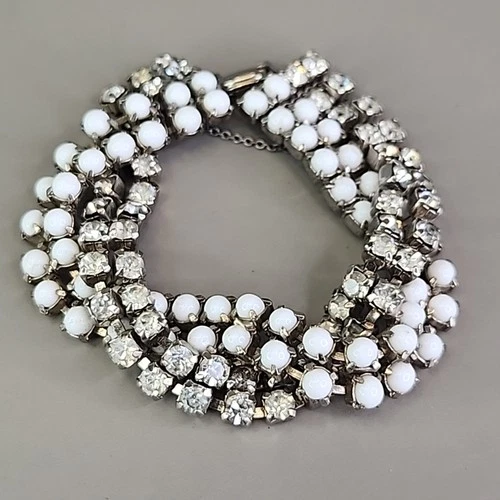 Vintage Rhinestone Twist Bracelet Layered Clear Milk Glass White 6.25"
