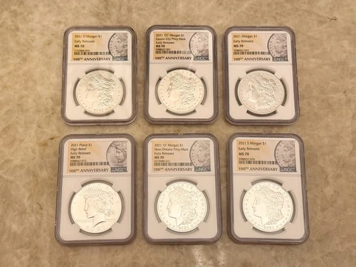 2021 $1 SILVER MORGAN & PEACE DOLLAR NGC MS70 ER FULL 6 COIN SET CC D S O