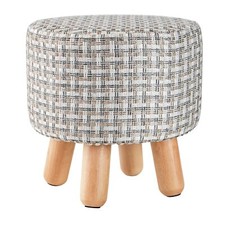 Tricolor Stripe Linen Fabric Round Padded Ottoman Foot Rest Stool with Wood Legs