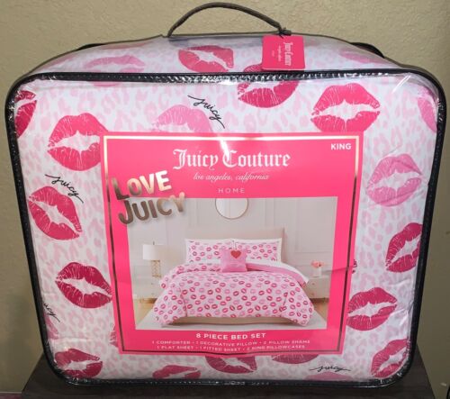 Juicy Couture Pink Leopard & Kisses 8pc KING Set Comforter, Shams, Sheets,Pillow