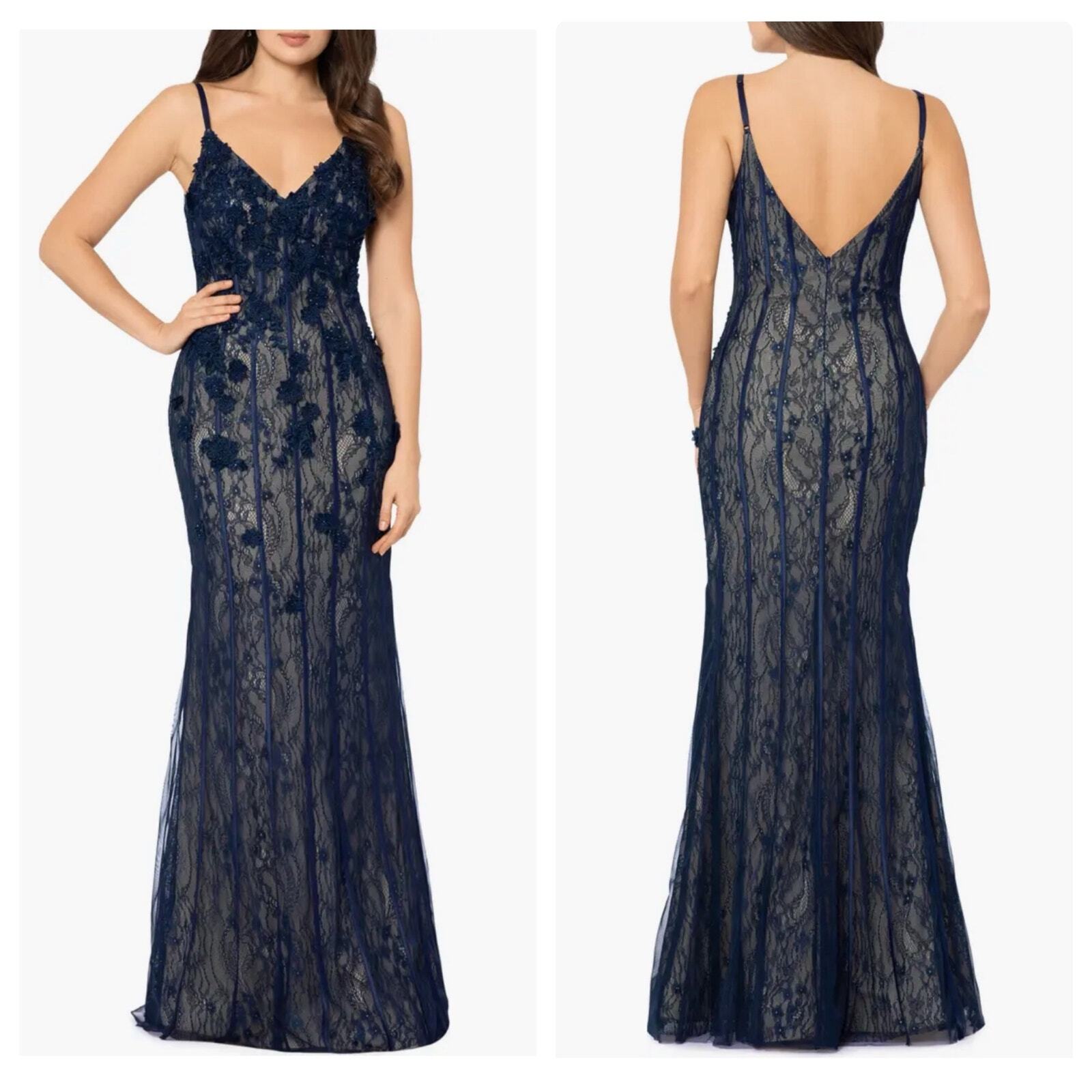 XSCAPE 3D Floral Lace Trumpet Gown Sleeveless Navy Blue Size 14 NWT