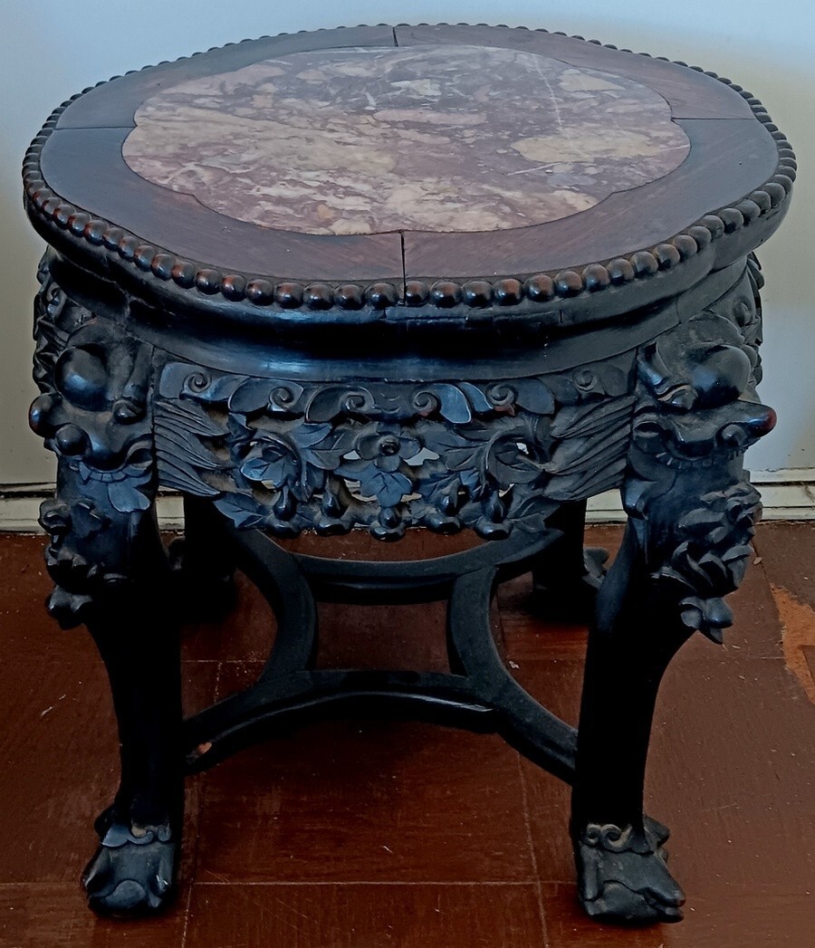 ANTIQUE CHINESE CARVED WOOD JARDINIERE OR PLANT STAND w/ INSET