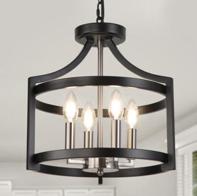 LynPon Black and Brushed Nickel Chandelier 4 Lights, Modern Farmhouse Convert...