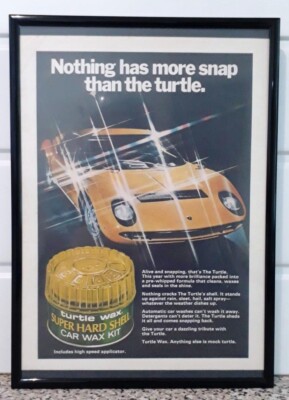 Gerahmte Original Oldtimer Werbung für Schildkrötenwachs und Lambo Miura von 1971