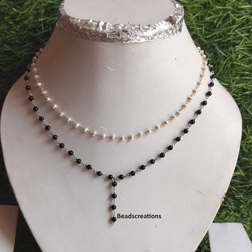 Glatte 2 mm schwarze Perle und weiße Perle Rosenkranz Kette Halskette geschenkt - Bild 2 von 6