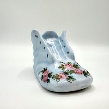 Ceramic Baby Blue Shoe Boot Figurine Hand-Painted with Pink Floral Roses