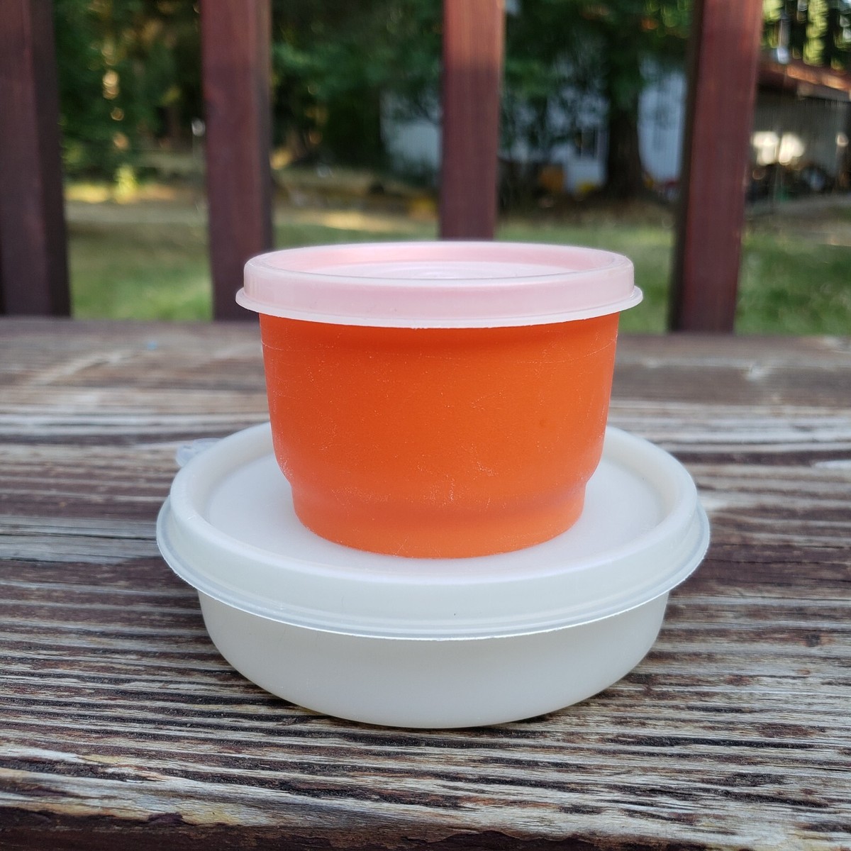 OLDER (2) Small Round Tupperware Containers with Lids- White