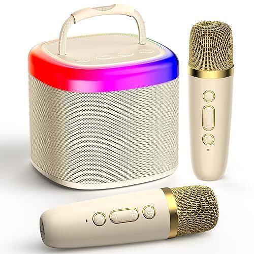 Mini Karaoke Machine for Kids, Portable Bluetooth Karaoke Speaker Beige-2Mic