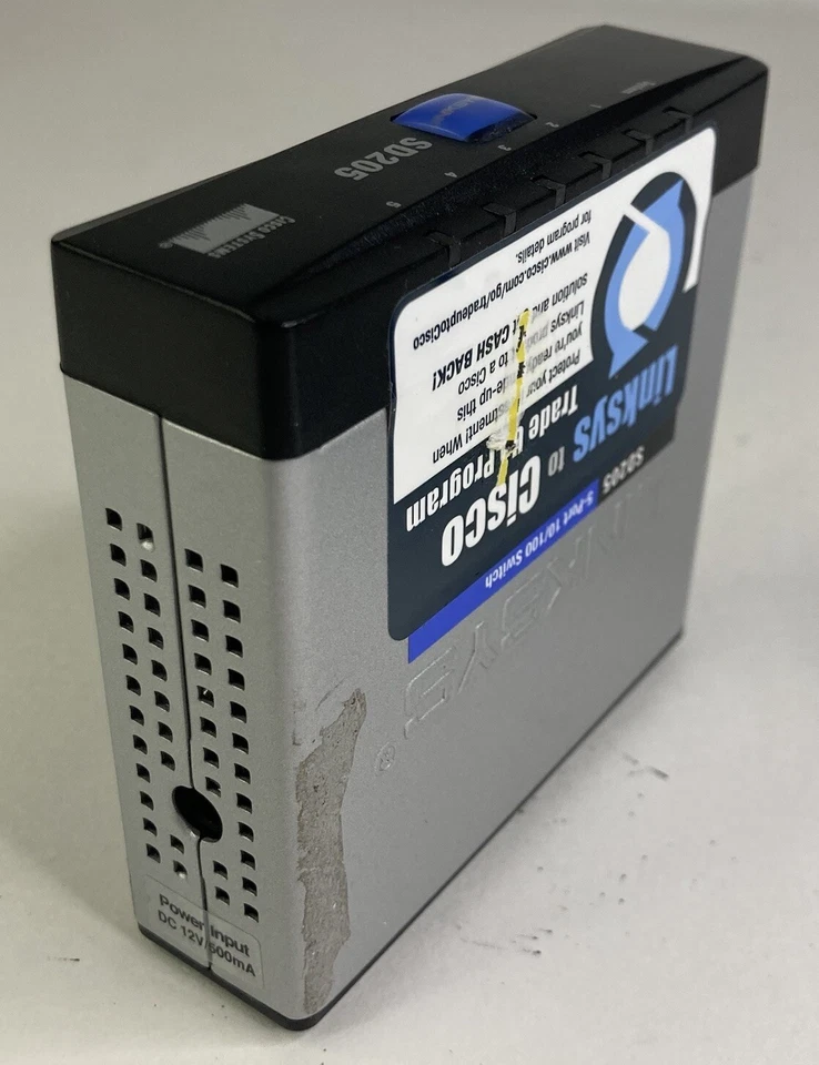 Cisco SD205 v2 5-Port 10/100 Network Switch w/ 12V AC Adapter & Ethernet Cord - Image 3 of 4