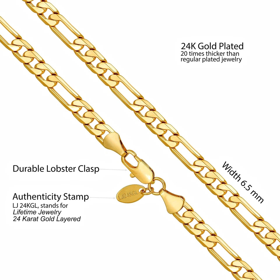 JOYERÍA DE POR VIDA Collares de Cadena Figaro Biselados para Mujer y Hombre 24k Real Go... Foto 4 de 4