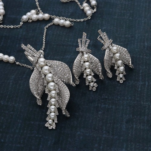 Elegant Cz und Perlen Blätter Design Halskette Und Ohrring Set - Bild 4 von 12