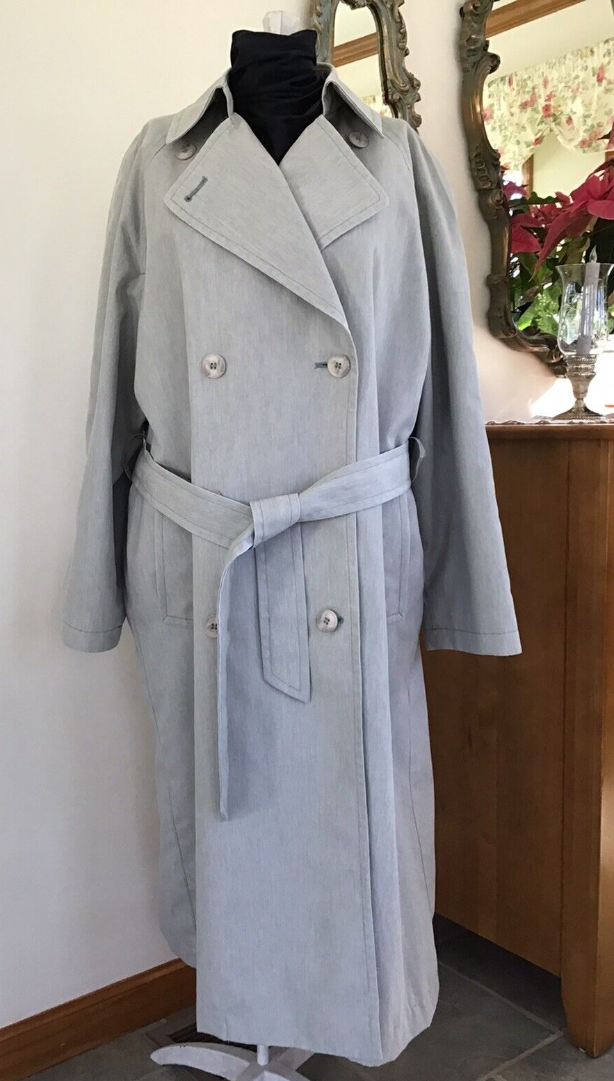 VTG Silver Sage Grey London Fog Trench Raincoat Double Breasted Size 10 Petite-image