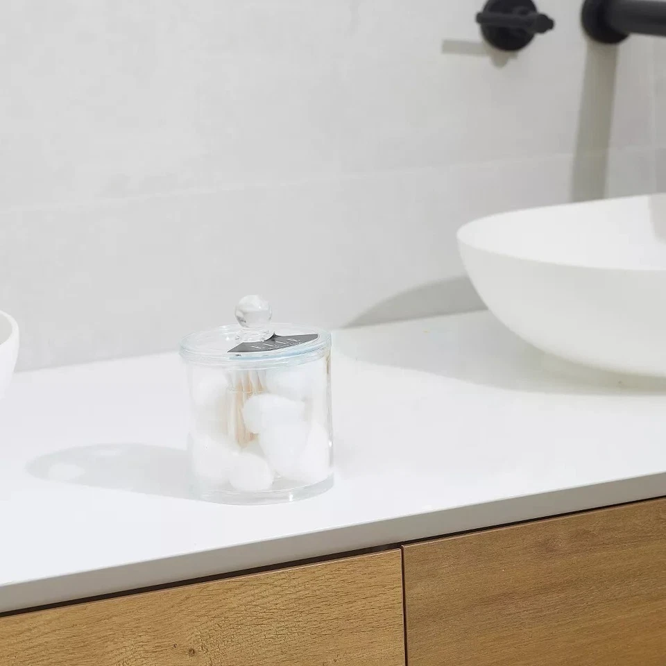 Organizador de bolas y hisopos de algodón transparente con tapa— Tarro compacto acrílico maquillaje algodón Foto 3 de 3