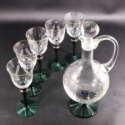 Crystal Clear Industries 6pc Decanter Optic 7'' Cordial Glass Cobalt Gold Romania