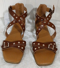 NWOT TIME  TRU WOMEN'S STUDDED GLADIATOR FLAT SANDALS BROWN Faux Leather SZ 11
