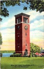 Miller Bell Tower Chautauqua NY Linen Postcard 1947 Curt Teich Stone Wood Lake