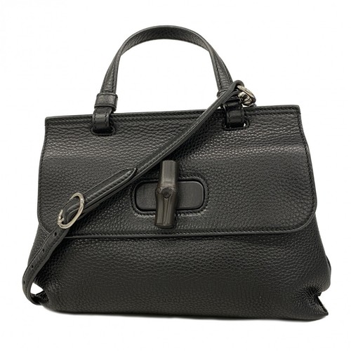 Gucci Bamboo Handbag Leather Black Silver 2Way Used From Japan
