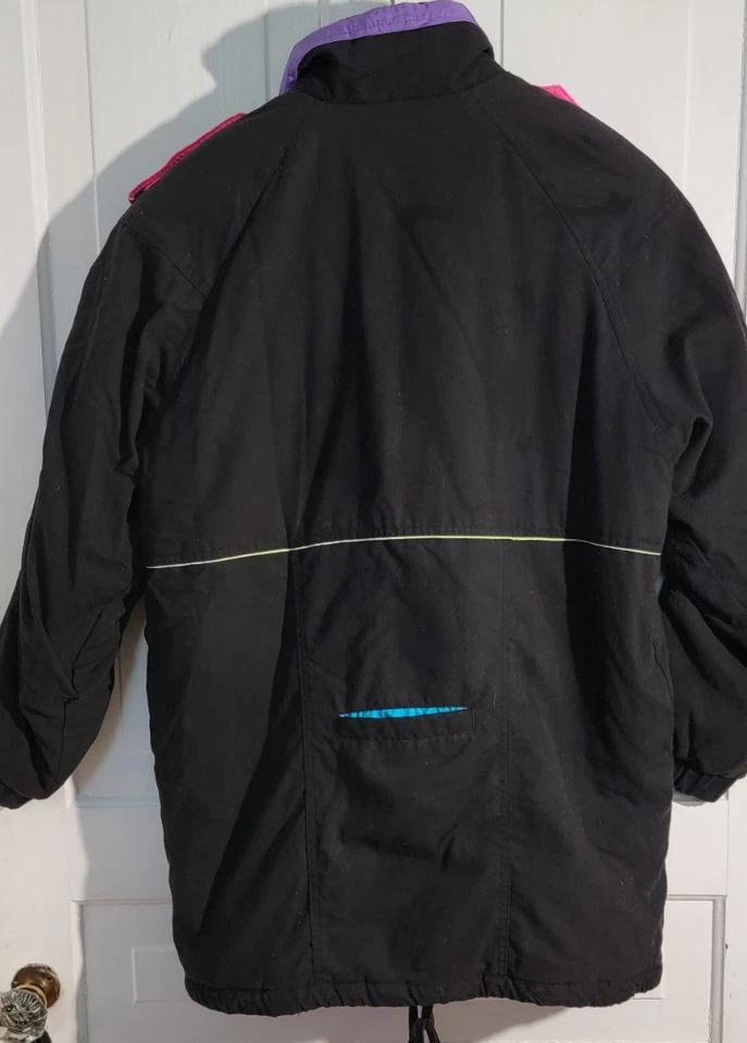 Jaqueta de esqui neon anos 80 vintage preta rosa verde bufante inverno quente bolsos médios - Imagem 4 de 4