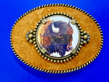 Buffalo Bison Head Round Center Picture on Brown Leather Belt Buckle Made in Usa