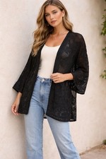 POL One Size Black Sheer Embroidered Kimono Cardigan Boho NIP