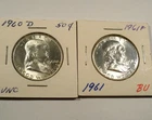 BU 1960-D & 1961-P LOT OF 2 FRANKLIN HALF DOLLARS 90% SILVER 0.7233 oz 50c