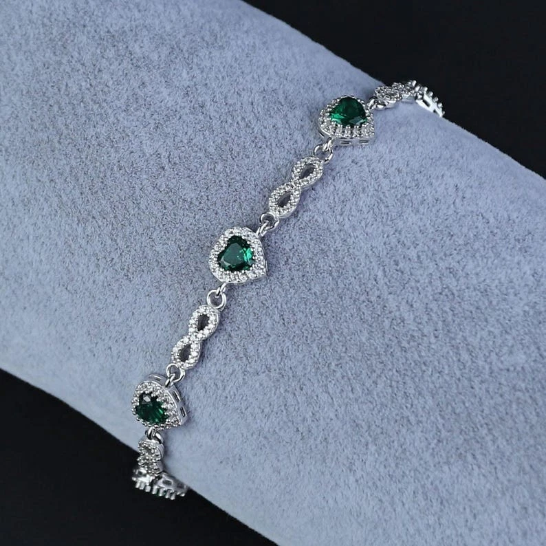 Silver Emerald Heart Bracelet, Tiny Heart Infinity Emerald Tennis Bracelet - Image 4 of 4
