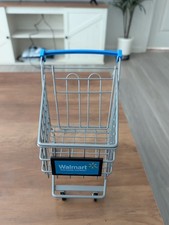 Walmart Toy Shopping Cart Doll Size Mini Gray Metal Blue Sign 10" Tall Buggy