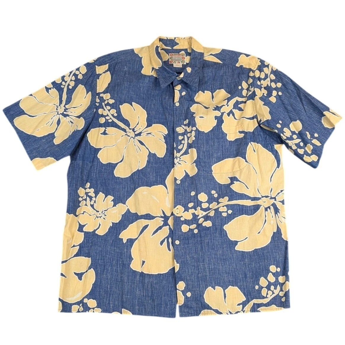 Reyn Spooner Hawaiian Shirt XL Blue Cream Hibiscus Floral Cotton Button Down