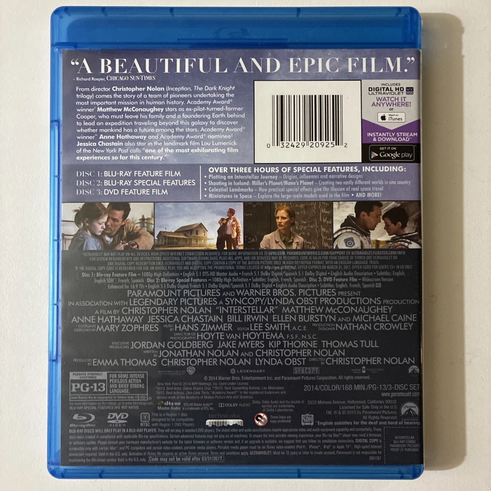 Interstellar 3-Disc Blu-ray/DVD Drama Thriller Special Features Foto 2 de 4