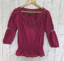 Nine West Jeans Hippie Peasant Blouse Shirt Top Blouson Purple Plum Lace M