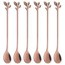 6-Piece 7.4 inch Black Leaf Long Handle Stainless Steel Teaspoons for Coffee