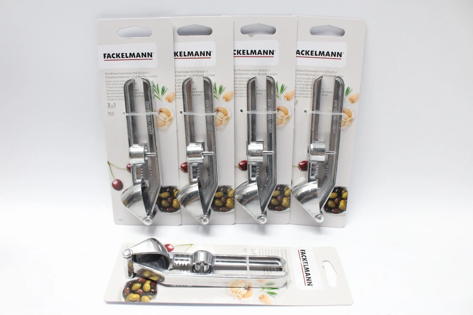5x Fackelmann Garlic Press with Cherry/Olive Corer and Nutcracker