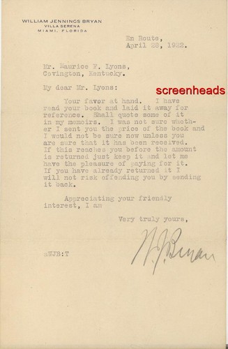 ANTIQUE 1922 "WILLIAM JENNINGS BRYAN SIGNED TYPED LETTER" Miami Florida Home