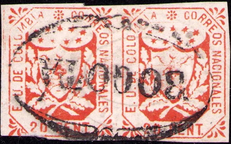 COLOMBIA - CLASSIC - 20c PAIR W/ BOTH TYPES - BOGOTA CANCEL - Sc 32 - 1864 RRR