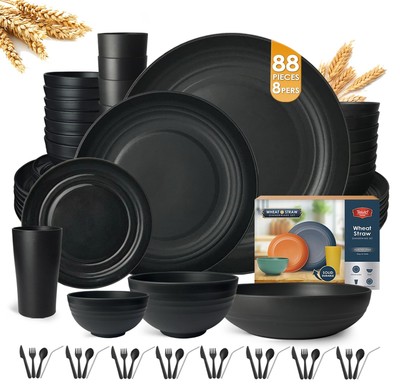 88-Piece With Flatware Kitchen Plastic Wheat Straw Dinnerware Set for 8, Dinn...