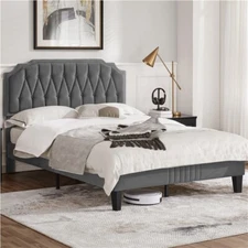 Upholstered Bed Frame with Height Adjustable Headboard and Wooden Slat Support