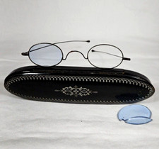 Antique Oval Eyeglasses Wire Frame Spectacles Wooden Inlay Case HL Blue Lenses