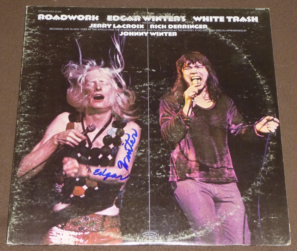 EDGAR WINTER & RICK DERRINGER SIGNED WHITE TRASH ROADWORK