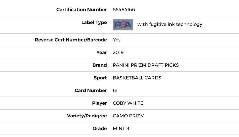 2019 Panini Prizm DP Coby White Rookie 9/25 Camo PSA 9 Mint Pop 1 - Image 3 of 3