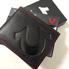 NWT TRUE RELIGION Black Leather Bifold Wallet Red Stitch Embossed Logo RFID Box
