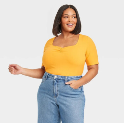 Ava & Viv Women's 1X 18 Top Mango Orange Slim Fit T-Shirt Sweetheart Neck New