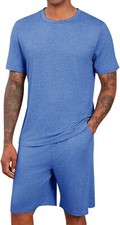 Mens 2 Piece Pajama Set Short Sleeve Tee and Shorts Lightweight Breathable Sleep