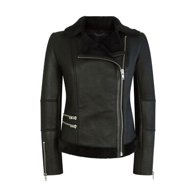 Damenjacke 100% Echtleder Schaffell Morino Schwarz Biker Retro Stil