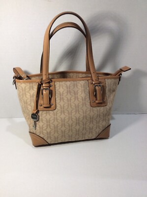 FOSSIL Tan Canvas w Leather Trim Handbag Purse Classic Monogram FF Logo Fabric