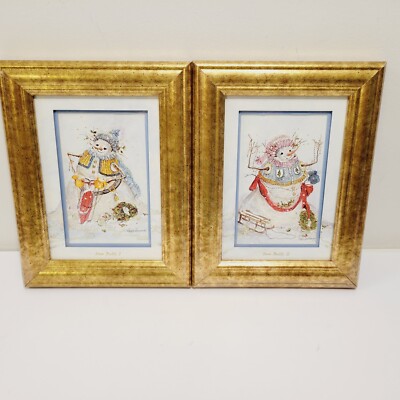 2 Vtg Peggy Abrams Snowman Snow Buddy Gold Frames Matted Holiday Christmas Decor