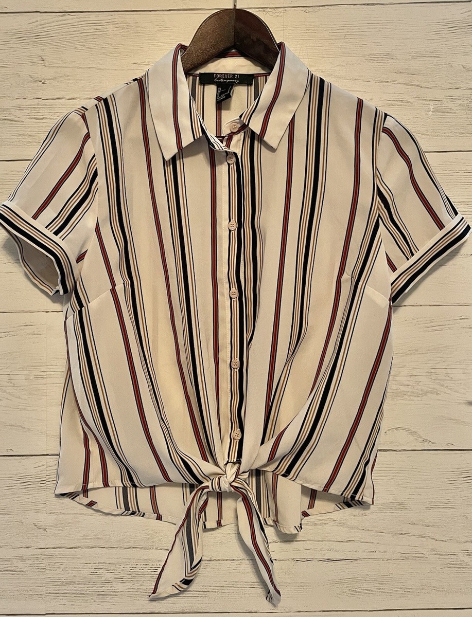 Forever 21 Striped Button Up Short Sleeve Tie Front Crop Top Shirt