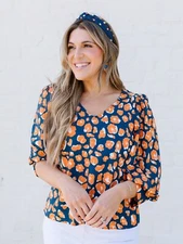 MICHELLE MCDOWELL Walk This Way Blue & Orange 3/4 Sleeve Aspen Blouse or Top